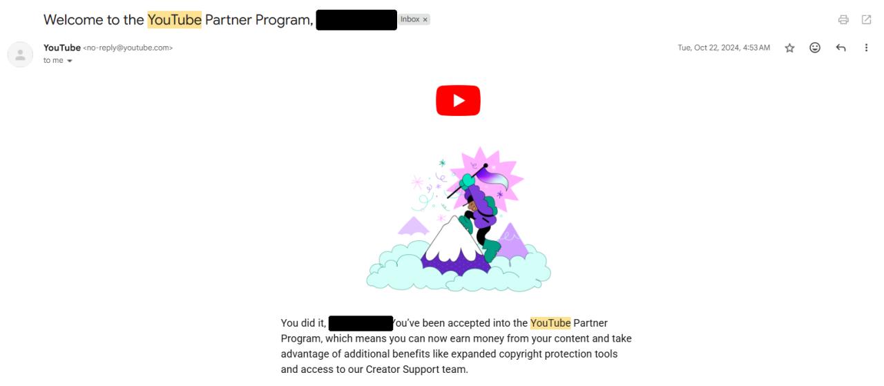 Official YouTube Partner Program acceptance email, October 2024